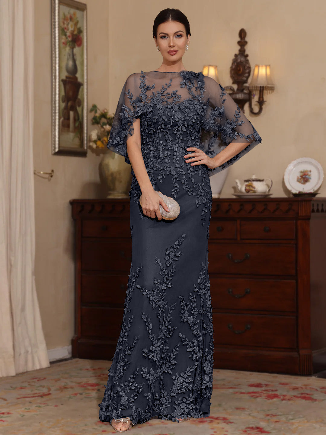 2 Pieces Sheath/Column Scoop Lace Mother of the Bride Dresses with Wrap Beading Floral Half Sleeves Floor-Length Stormy 2 Pieces Sheath/Column Scoop Lace Mother of the Bride Dresses with Wrap Beading Floral Half Sleeves Floor-Length Stormy