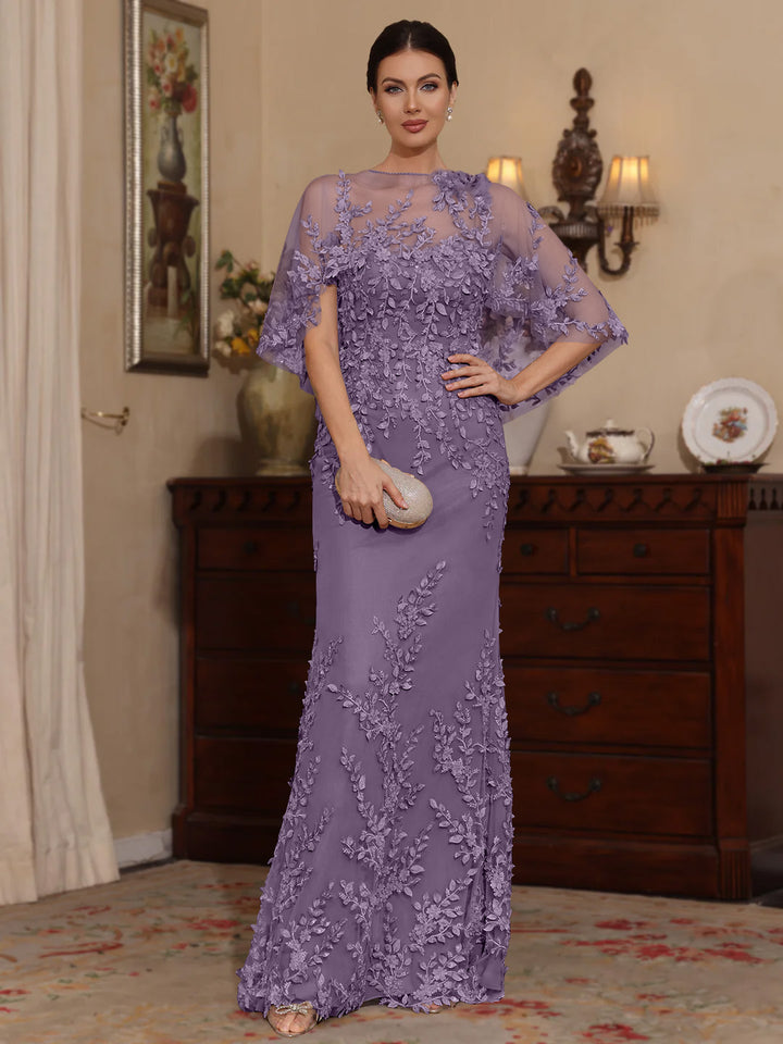 2 Pieces Sheath/Column Scoop Lace Mother of the Bride Dresses with Wrap Beading Half Sleeves Floor-Length