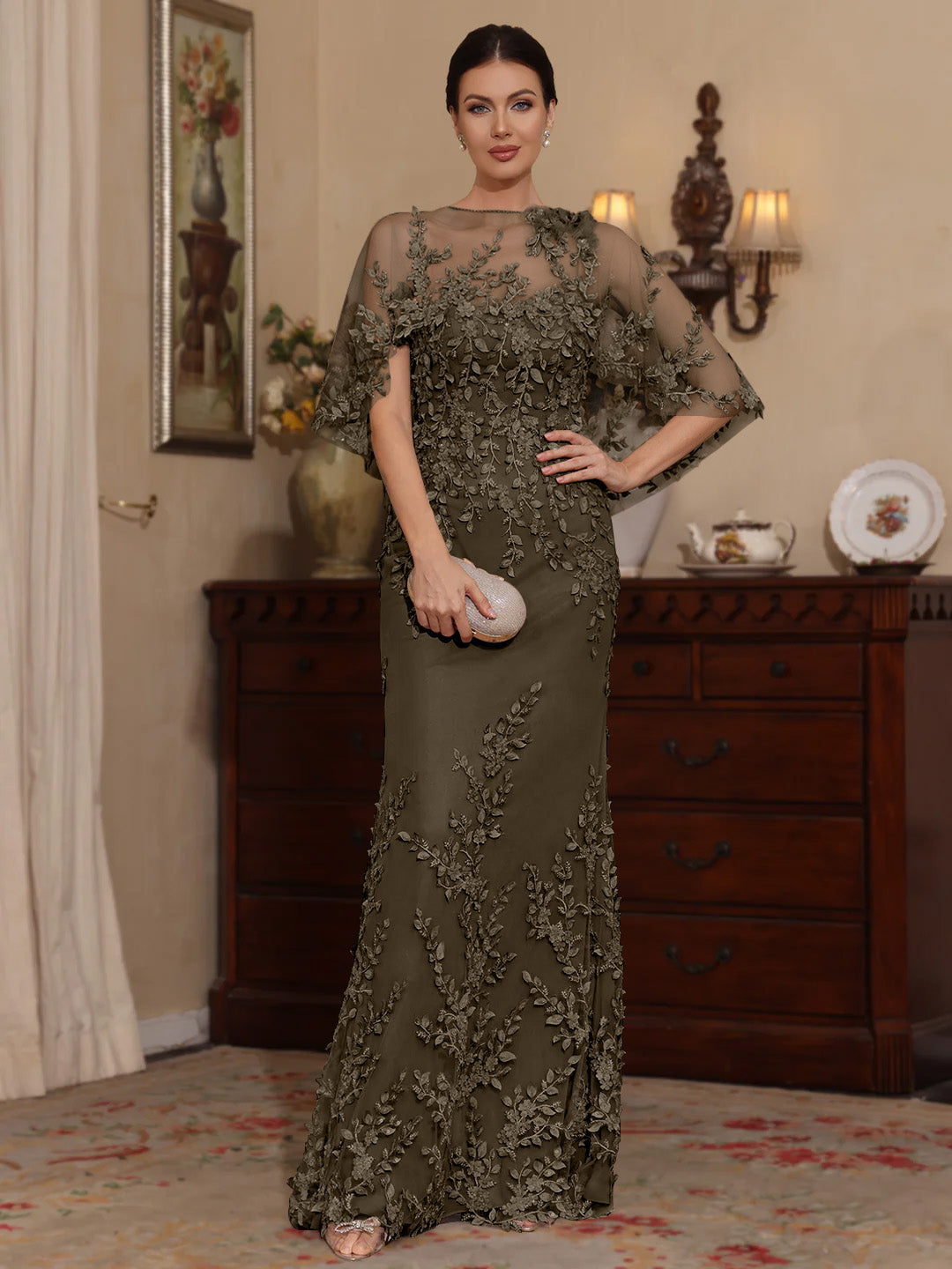 2 Pieces Sheath/Column Scoop Lace Mother of the Bride Dresses with Wrap Beading Floral Half Sleeves Floor-Length Taupe