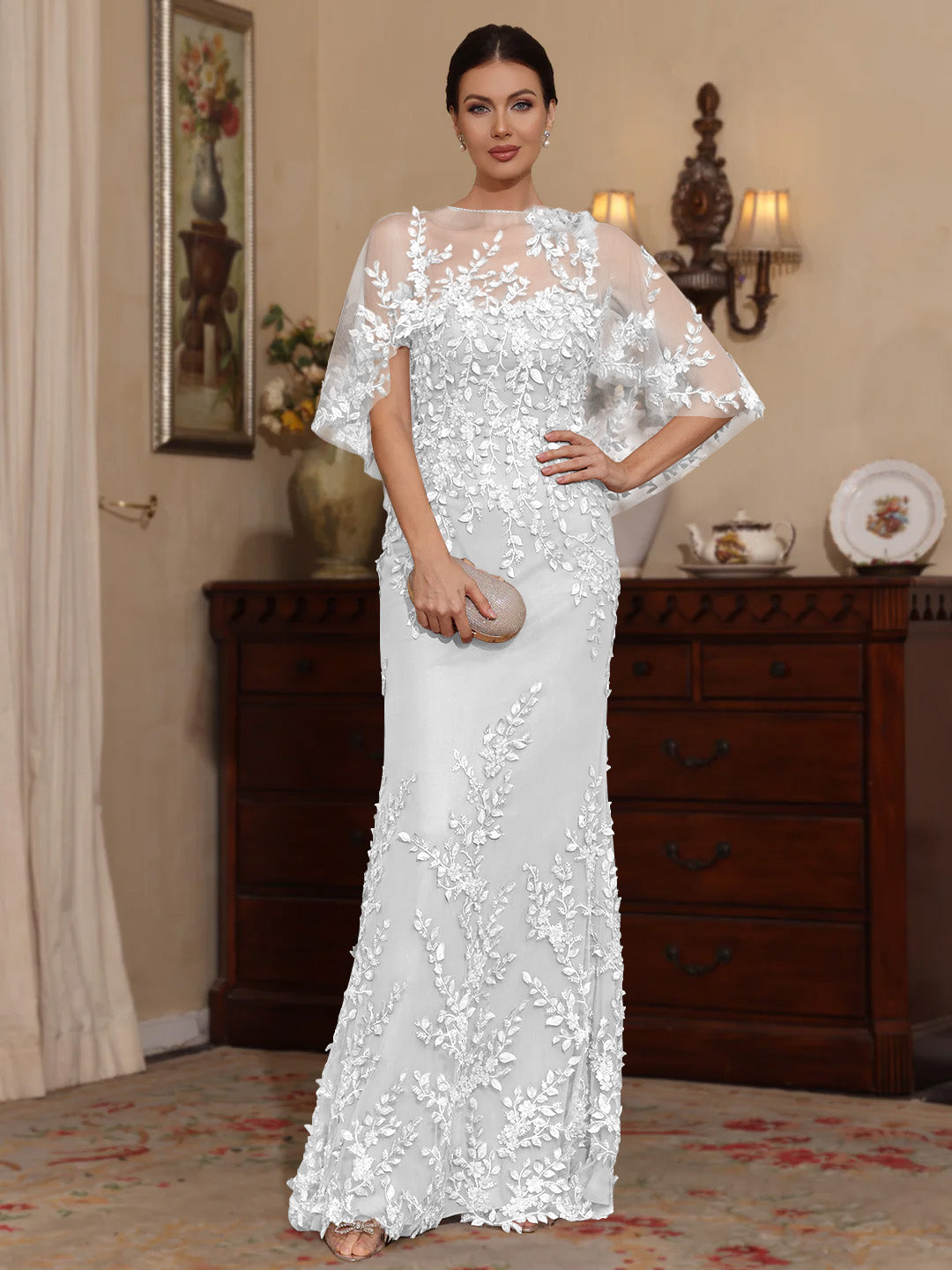 2 Pieces Sheath/Column Scoop Lace Mother of the Bride Dresses with Wrap Beading Half Sleeves Floor-Length