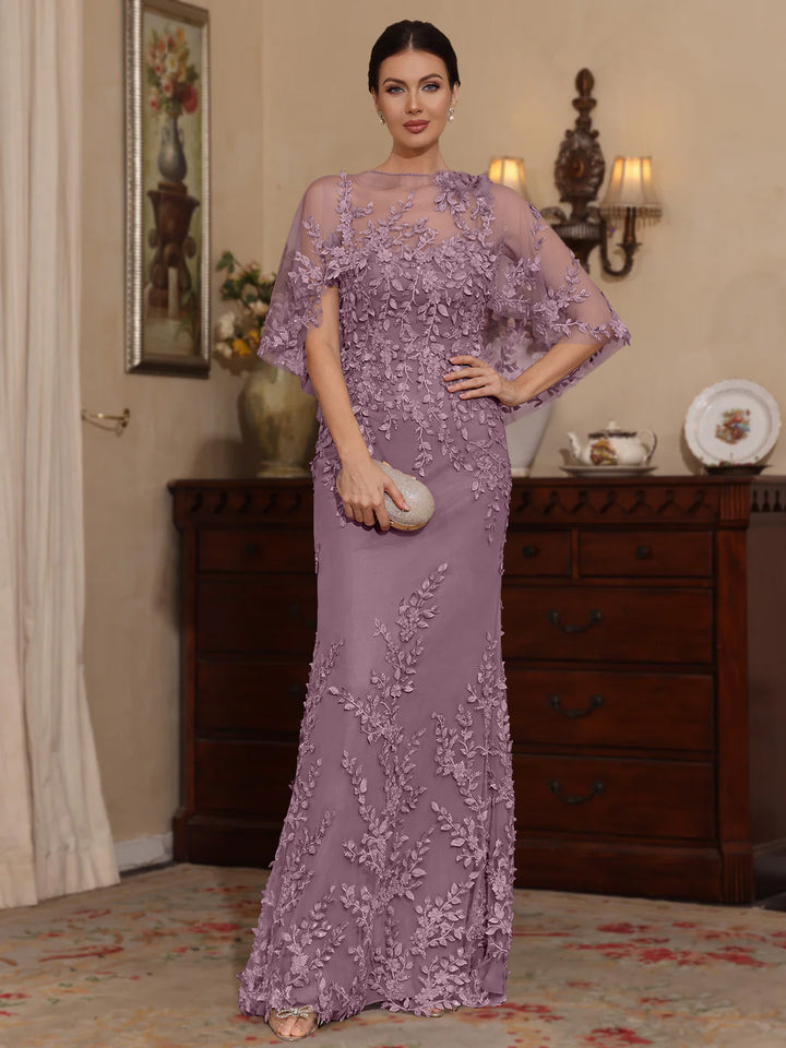 2 Pieces Sheath/Column Scoop Lace Mother of the Bride Dresses with Wrap Beading Half Sleeves Floor-Length