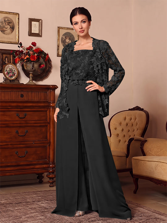 3 Pieces Square Collar Chiffon Mother of the Bride Pantsuits with Jacket Overskirt Lace Floral Floor-Length Long Sleeves