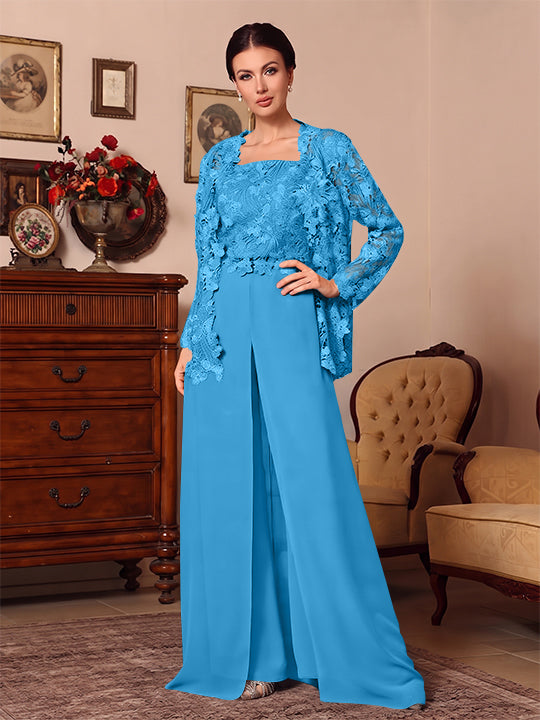 3 Pieces Square Collar Chiffon Mother of the Bride Pantsuits with Jacket Overskirt Lace Floral Floor-Length Long Sleeves