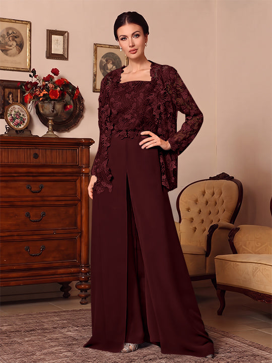 3 Pieces Square Collar Chiffon Mother of the Bride Pantsuits with Jacket Overskirt Lace Floral Floor-Length Long Sleeves