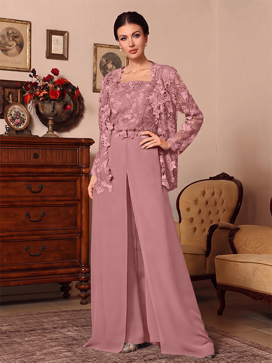 3 Pieces Square Collar Chiffon Mother of the Bride Pantsuits with Jacket Overskirt Lace Floral Floor-Length Long Sleeves