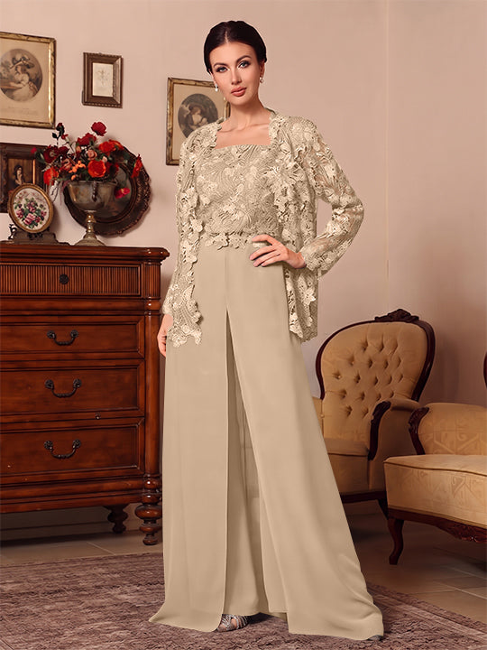 3 Pieces Square Collar Chiffon Mother of the Bride Pantsuits with Jacket Overskirt Lace Floral Floor-Length Long Sleeves