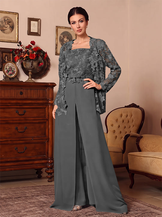 3 Pieces Square Collar Chiffon Mother of the Bride Pantsuits with Jacket Overskirt Lace Floral Floor-Length Long Sleeves