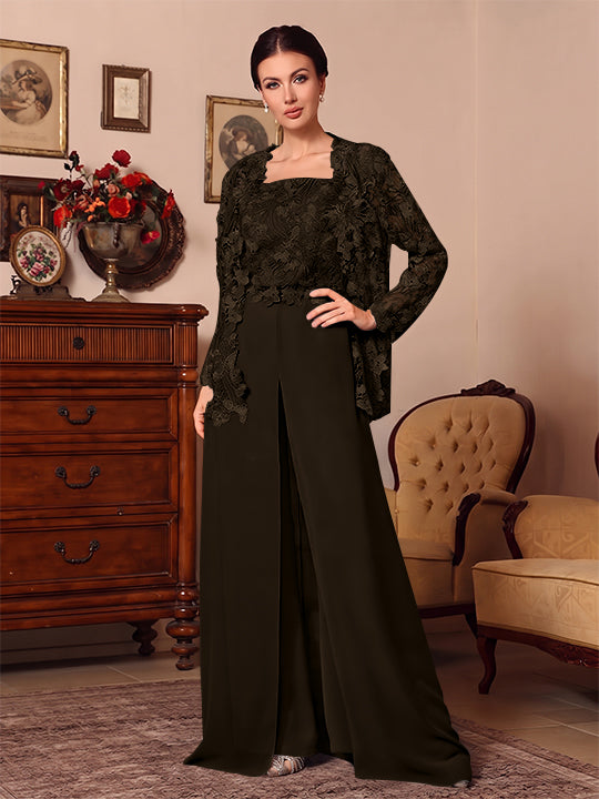 3 Pieces Square Collar Chiffon Mother of the Bride Pantsuits with Jacket Overskirt Lace Floral Floor-Length Long Sleeves