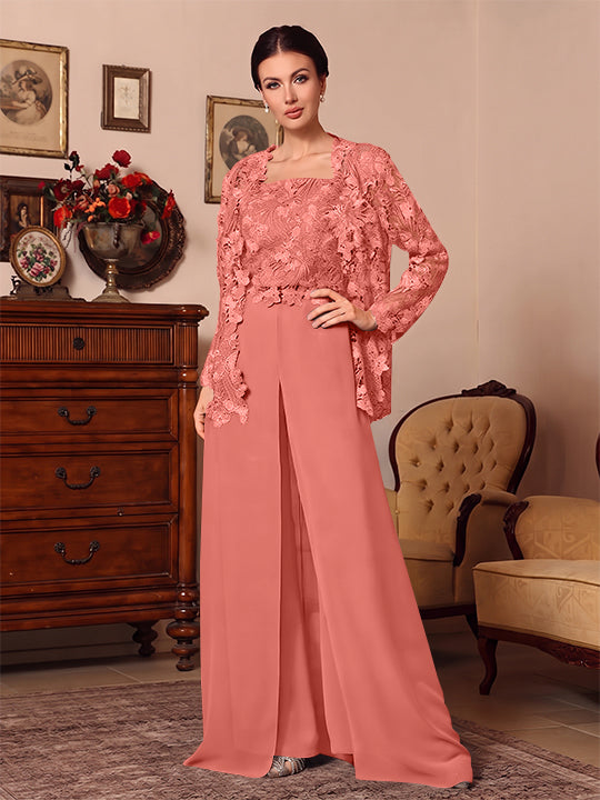 3 Pieces Square Collar Chiffon Mother of the Bride Pantsuits with Jacket Overskirt Lace Floral Floor-Length Long Sleeves