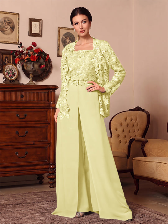 3 Pieces Square Collar Chiffon Mother of the Bride Pantsuits with Jacket Overskirt Lace Floral Floor-Length Long Sleeves