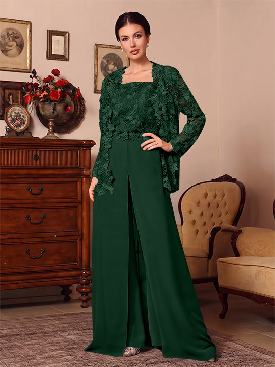 3 Pieces Square Collar Chiffon Mother of the Bride Pantsuits with Jacket Overskirt Lace Floral Floor-Length Long Sleeves