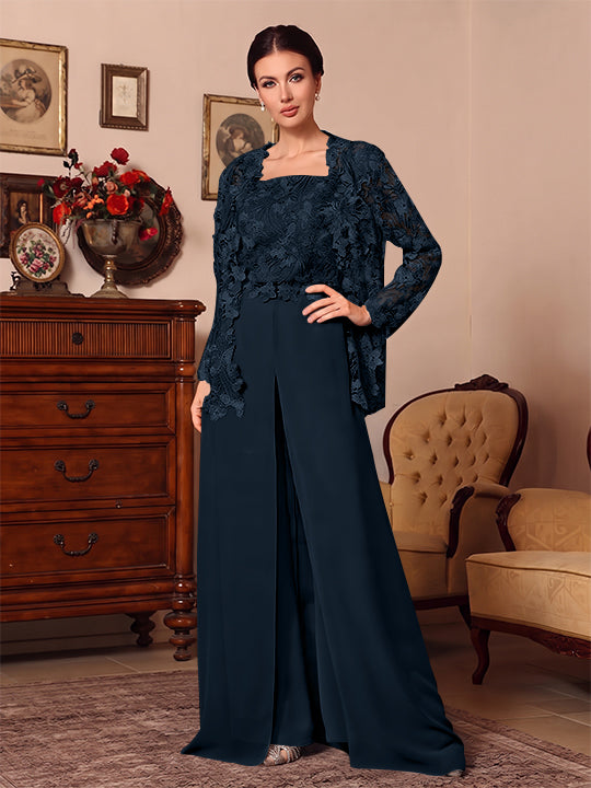 3 Pieces Square Collar Chiffon Mother of the Bride Pantsuits with Jacket Overskirt Lace Floral Floor-Length Long Sleeves