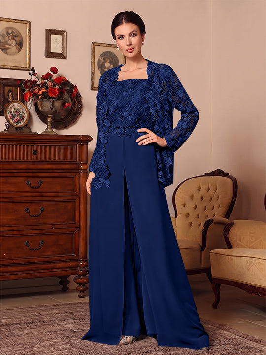 3 Pieces Square Collar Chiffon Mother of the Bride Pantsuits with Jacket Overskirt Lace Floral Floor-Length Long Sleeves