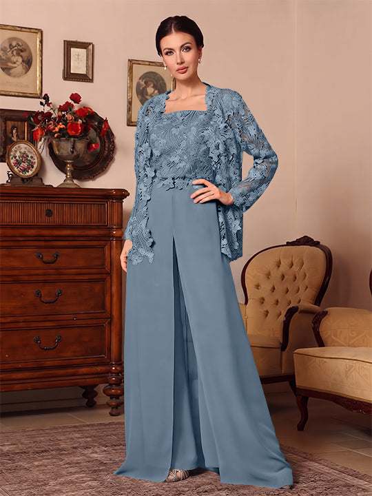 3 Pieces Square Collar Chiffon Mother of the Bride Pantsuits with Jacket Overskirt Lace Floral Floor-Length Long Sleeves