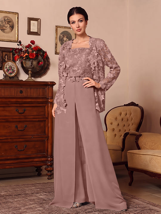 3 Pieces Square Collar Chiffon Mother of the Bride Pantsuits with Jacket Overskirt Lace Floral Floor-Length Long Sleeves