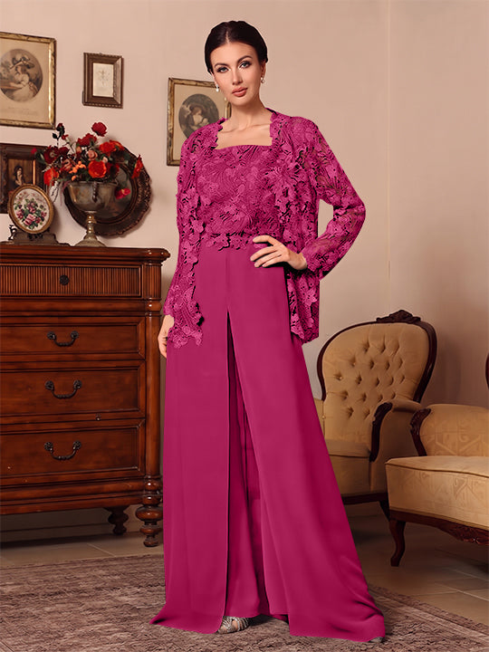 3 Pieces Square Collar Chiffon Mother of the Bride Pantsuits with Jacket Overskirt Lace Floral Floor-Length Long Sleeves