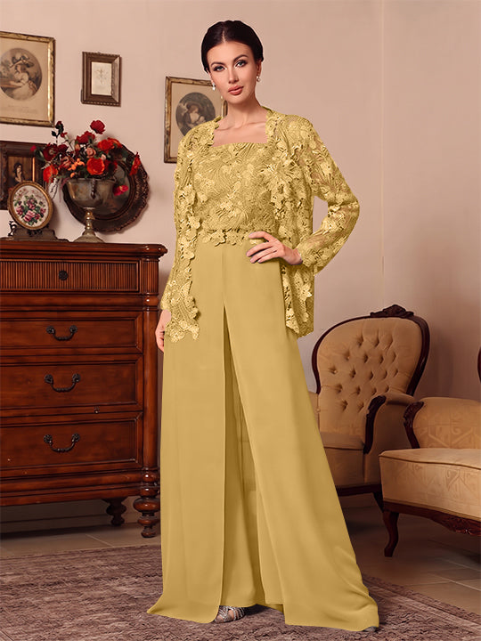 3 Pieces Square Collar Chiffon Mother of the Bride Pantsuits with Jacket Overskirt Lace Floral Floor-Length Long Sleeves