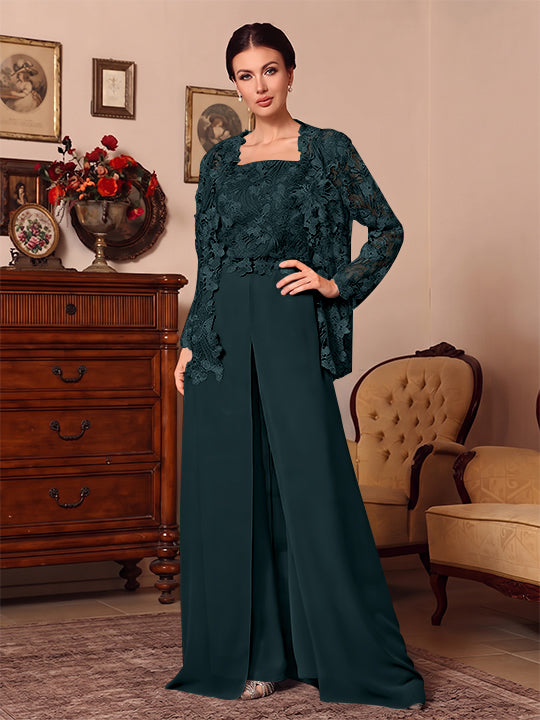 3 Pieces Square Collar Chiffon Mother of the Bride Pantsuits with Jacket Overskirt Lace Floral Floor-Length Long Sleeves