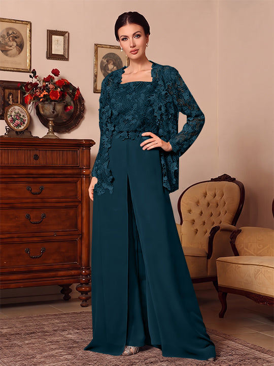 3 Pieces Square Collar Chiffon Mother of the Bride Pantsuits with Jacket Overskirt Lace Floral Floor-Length Long Sleeves