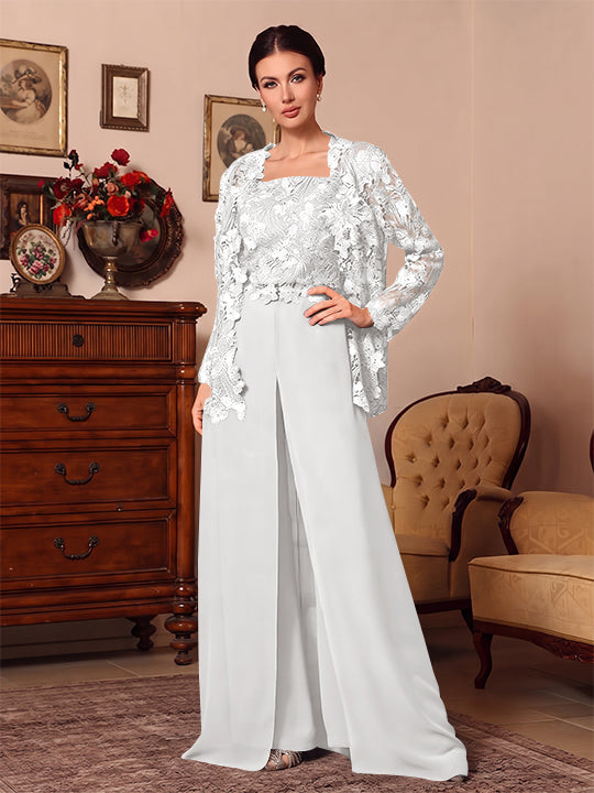 3 Pieces Square Collar Chiffon Mother of the Bride Pantsuits with Jacket Overskirt Lace Floral Floor-Length Long Sleeves