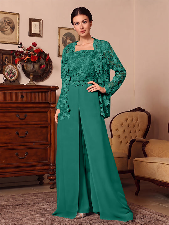 3 Pieces Square Collar Chiffon Mother of the Bride Pantsuits with Jacket Overskirt Lace Floral Floor-Length Long Sleeves