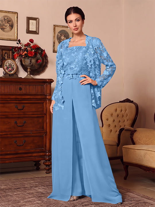 3 Pieces Square Collar Chiffon Mother of the Bride Pantsuits with Jacket Overskirt Lace Floral Floor-Length Long Sleeves