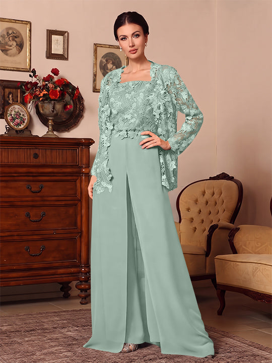 3 Pieces Square Collar Chiffon Mother of the Bride Pantsuits with Jacket Overskirt Lace Floral Floor-Length Long Sleeves