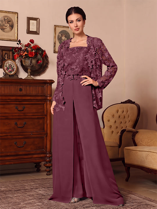 3 Pieces Square Collar Chiffon Mother of the Bride Pantsuits with Jacket Overskirt Lace Floral Floor-Length Long Sleeves