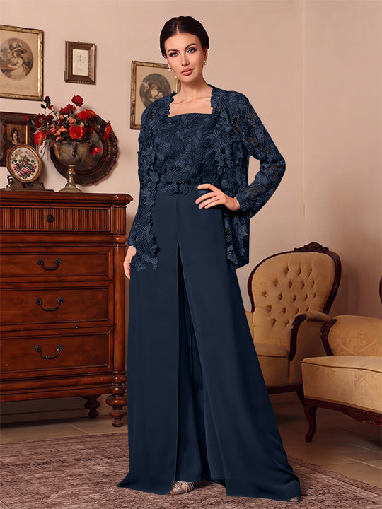 3 Pieces Square Collar Chiffon Mother of the Bride Pantsuits with Jacket Overskirt Lace Floral Floor-Length Long Sleeves