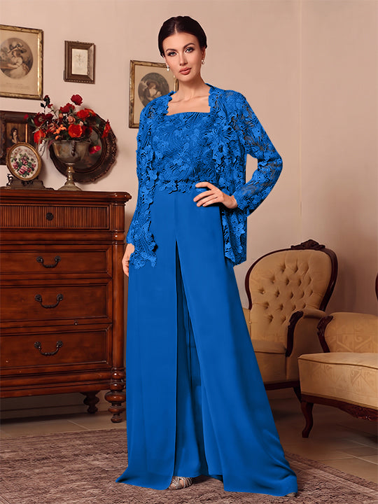 3 Pieces Square Collar Chiffon Mother of the Bride Pantsuits with Jacket Overskirt Lace Floral Floor-Length Long Sleeves
