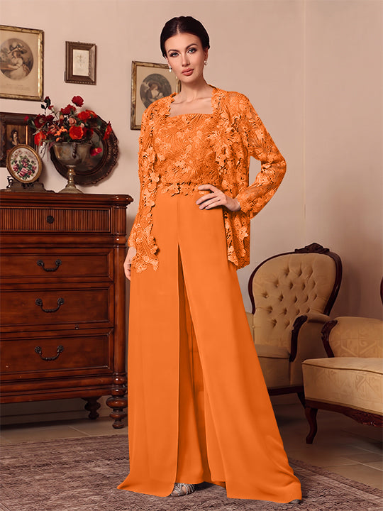 3 Pieces Square Collar Chiffon Mother of the Bride Pantsuits with Jacket Overskirt Lace Floral Floor-Length Long Sleeves