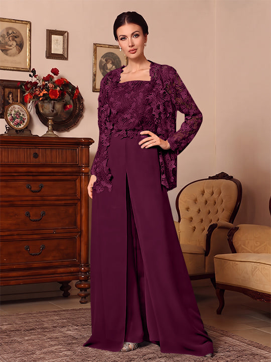 3 Pieces Square Collar Chiffon Mother of the Bride Pantsuits with Jacket Overskirt Lace Floral Floor-Length Long Sleeves