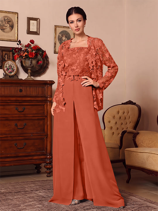 3 Pieces Square Collar Chiffon Mother of the Bride Pantsuits with Jacket Overskirt Lace Floral Floor-Length Long Sleeves
