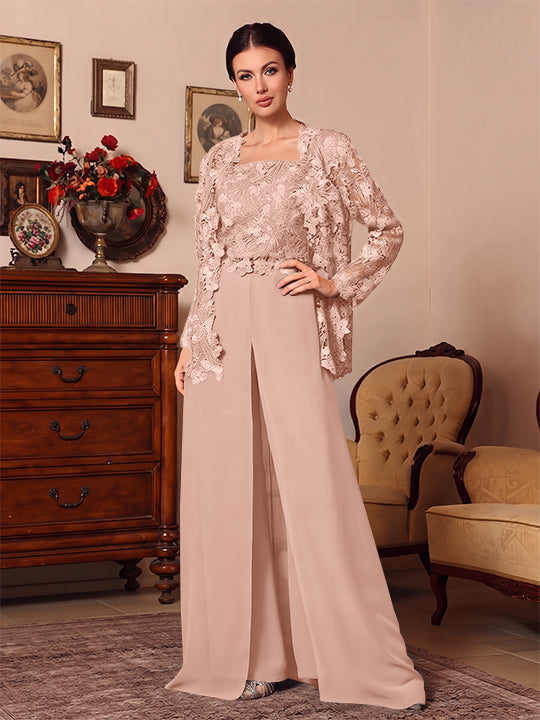 3 Pieces Square Collar Chiffon Mother of the Bride Pantsuits with Jacket Overskirt Lace Floral Floor-Length Long Sleeves