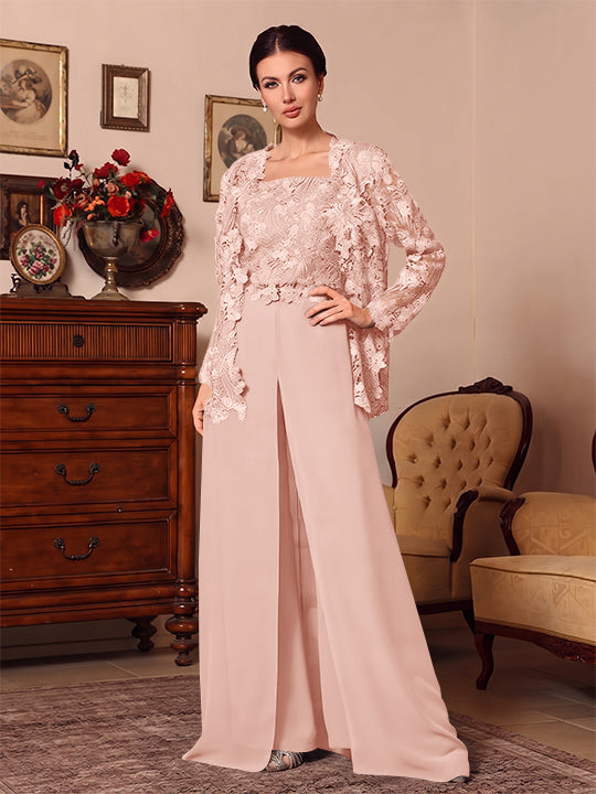 3 Pieces Square Collar Chiffon Mother of the Bride Pantsuits with Jacket Overskirt Lace Floral Floor-Length Long Sleeves