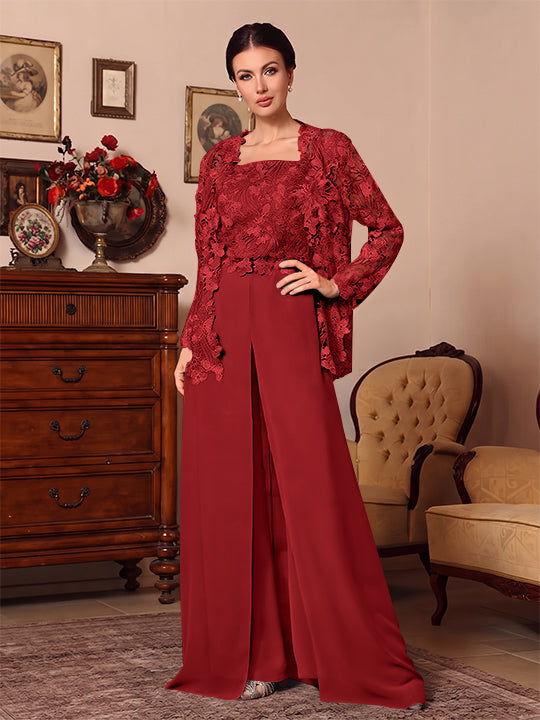 3 Pieces Square Collar Chiffon Mother of the Bride Pantsuits with Jacket Overskirt Lace Floral Floor-Length Long Sleeves