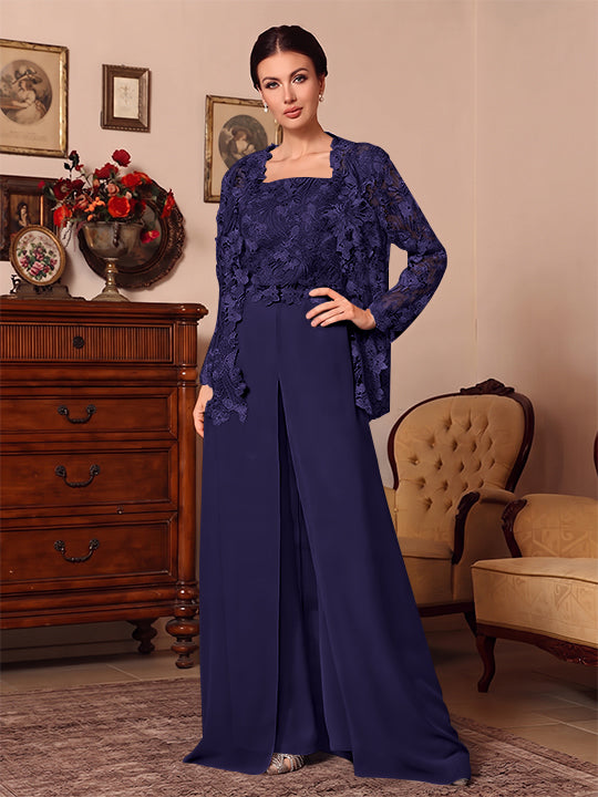 3 Pieces Square Collar Chiffon Mother of the Bride Pantsuits with Jacket Overskirt Lace Floral Floor-Length Long Sleeves