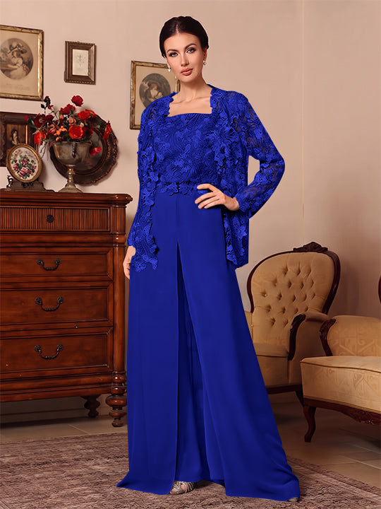 3 Pieces Square Collar Chiffon Mother of the Bride Pantsuits with Jacket Overskirt Lace Floral Floor-Length Long Sleeves
