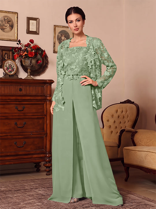3 Pieces Square Collar Chiffon Mother of the Bride Pantsuits with Jacket Overskirt Lace Floral Floor-Length Long Sleeves