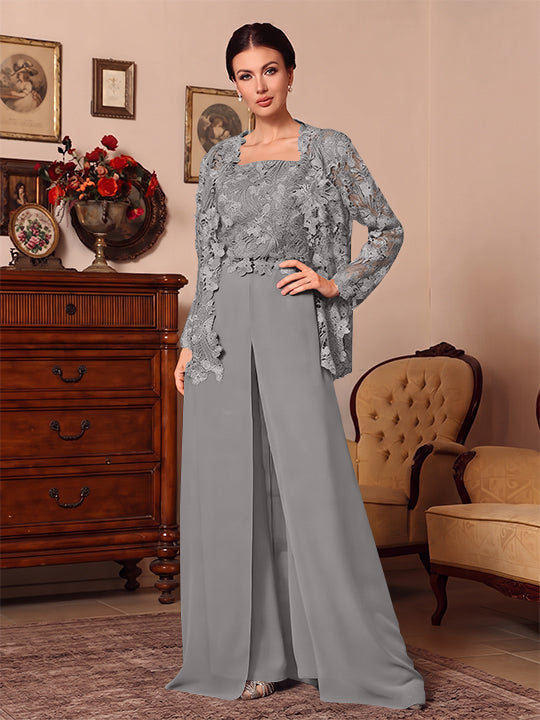 3 Pieces Square Collar Chiffon Mother of the Bride Pantsuits with Jacket Overskirt Lace Floral Floor-Length Long Sleeves