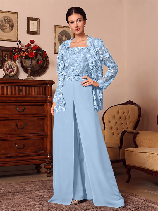 3 Pieces Square Collar Chiffon Mother of the Bride Pantsuits with Jacket Overskirt Lace Floral Floor-Length Long Sleeves