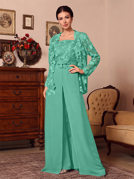3 Pieces Square Collar Chiffon Mother of the Bride Pantsuits with Jacket Overskirt Lace Floral Floor-Length Long Sleeves
