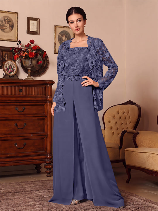 3 Pieces Square Collar Chiffon Mother of the Bride Pantsuits with Jacket Overskirt Lace Floral Floor-Length Long Sleeves