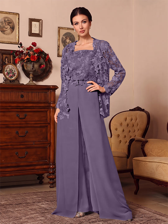 3 Pieces Square Collar Chiffon Mother of the Bride Pantsuits with Jacket Overskirt Lace Floral Floor-Length Long Sleeves