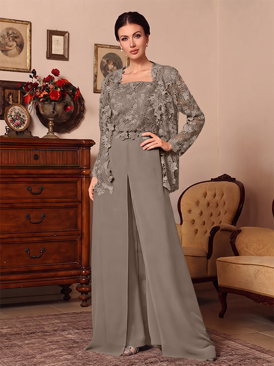 3 Pieces Square Collar Chiffon Mother of the Bride Pantsuits with Jacket Overskirt Lace Floral Floor-Length Long Sleeves