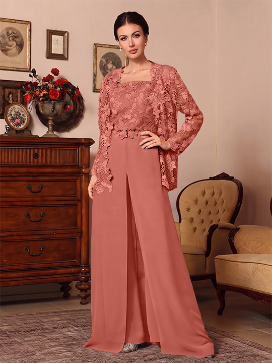 3 Pieces Square Collar Chiffon Mother of the Bride Pantsuits with Jacket Overskirt Lace Floral Floor-Length Long Sleeves
