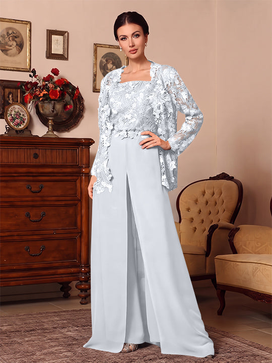 3 Pieces Square Collar Chiffon Mother of the Bride Pantsuits with Jacket Overskirt Lace Floral Floor-Length Long Sleeves