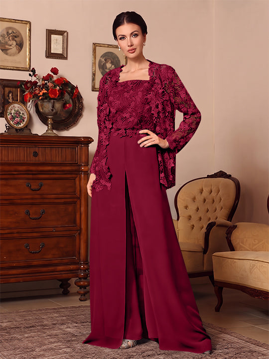 3 Pieces Square Collar Chiffon Mother of the Bride Pantsuits with Jacket Overskirt Lace Floral Floor-Length Long Sleeves