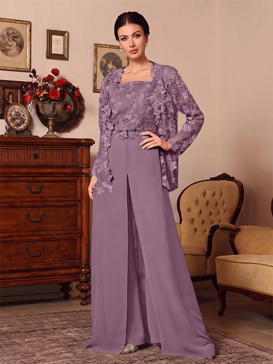 3 Pieces Square Collar Chiffon Mother of the Bride Pantsuits with Jacket Overskirt Lace Floral Floor-Length Long Sleeves