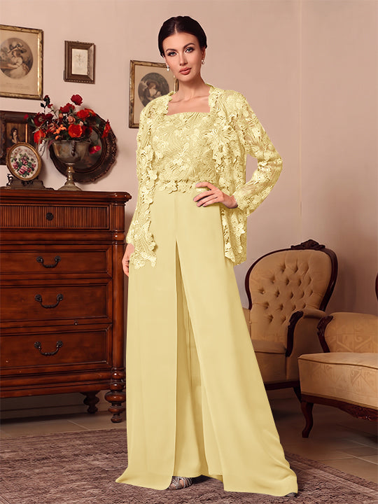 3 Pieces Square Collar Chiffon Mother of the Bride Pantsuits with Jacket Overskirt Lace Floral Floor-Length Long Sleeves
